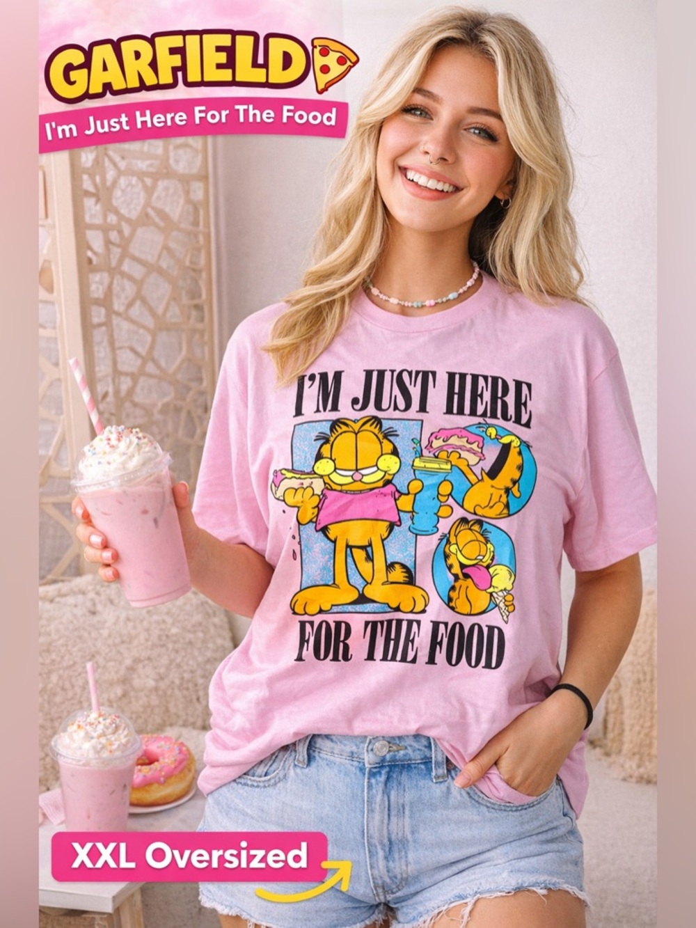 Nickelodeon Garfield Graphic Tee Pink XXL “I’m Just Here For The Food